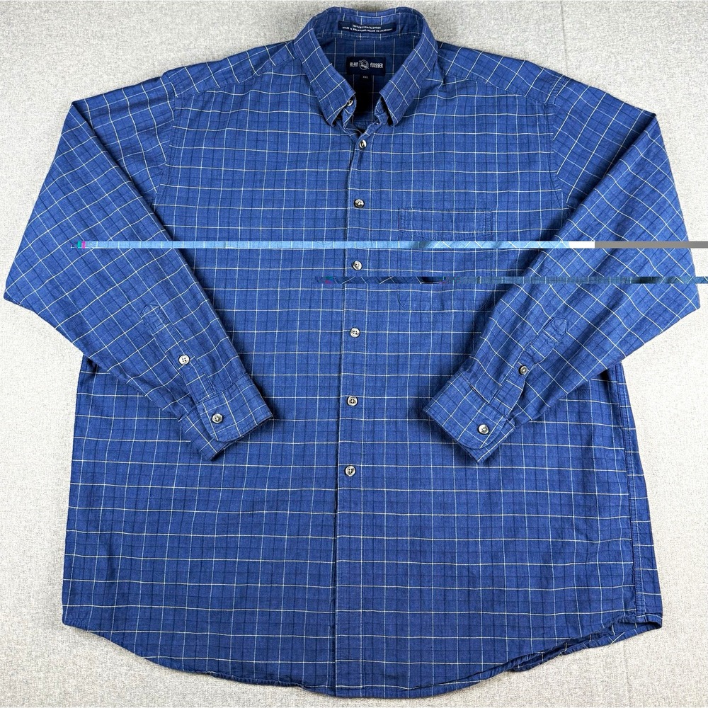 Alan Flusser Mens XXL Blue Windowpane Plaid Shirt 100% Cotton Button Down